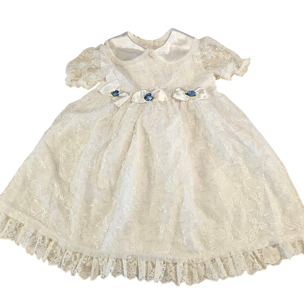 Evy White Lace Dress Blue Rose Bows Size 6  Flower Girl Wedding Formal Toddler
